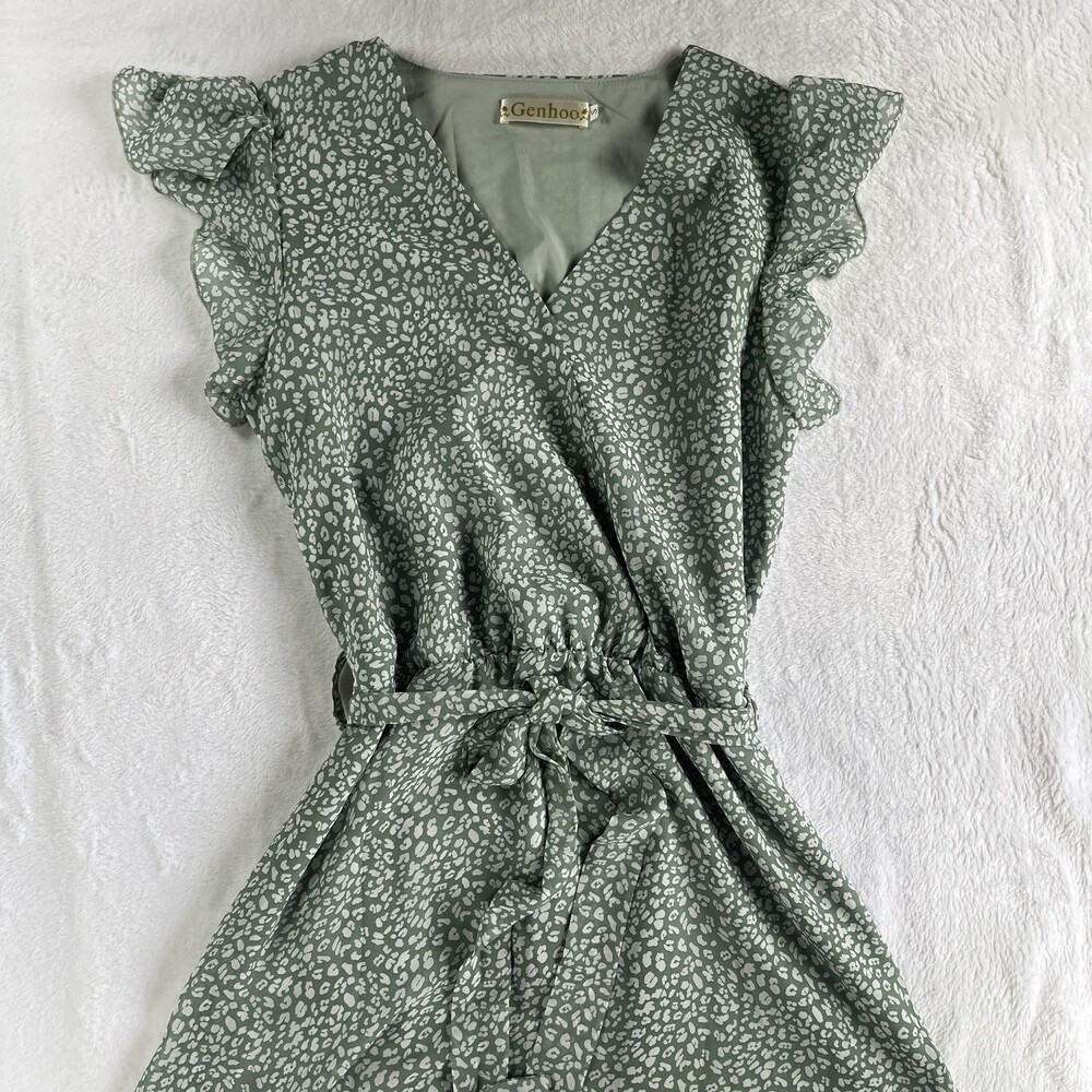 Genhoo Green S Floral Print A-Line Wrap V-Neck Midi Dress Flowy Cottagecore